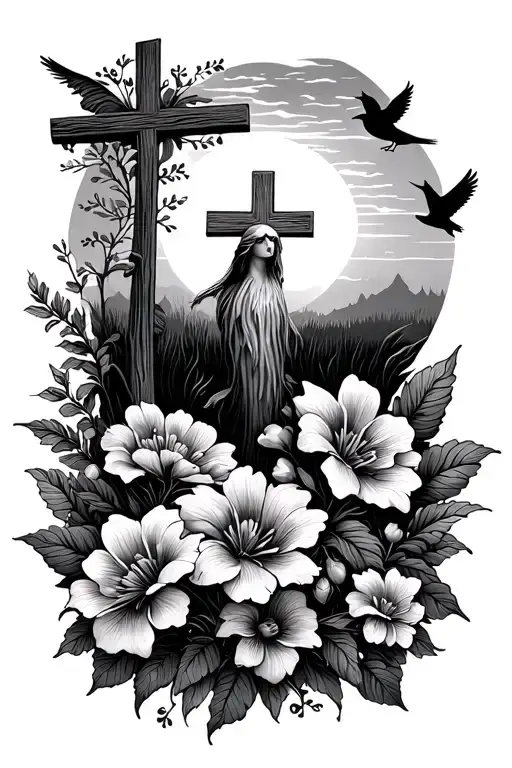 Beautiful Morning Sunrise With A Cross And Flowers And Birds Singing