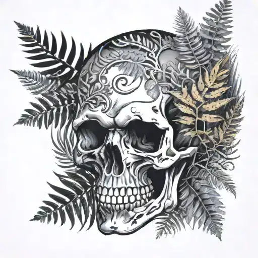 Slightly Turned Skull Surrounded By Ferns Sticking