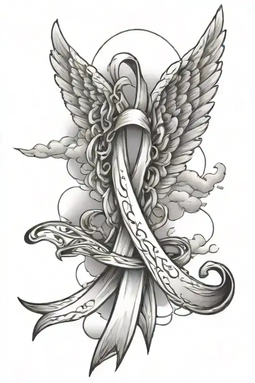 Cancer Ribbon With Wings And Cloud Background