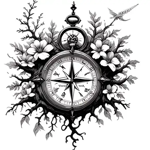 Clock And Compass Combined By Tree Roots With Flowers And Wind For Filler