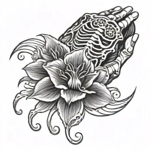 Skeleton Hand Holding An Azalea Flower Surrounded By Japanese Style Waves