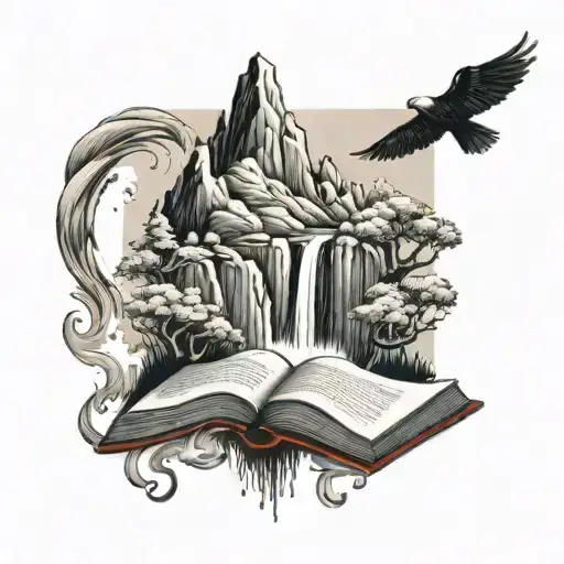 Mountain On A Book With Waterfall Cascading