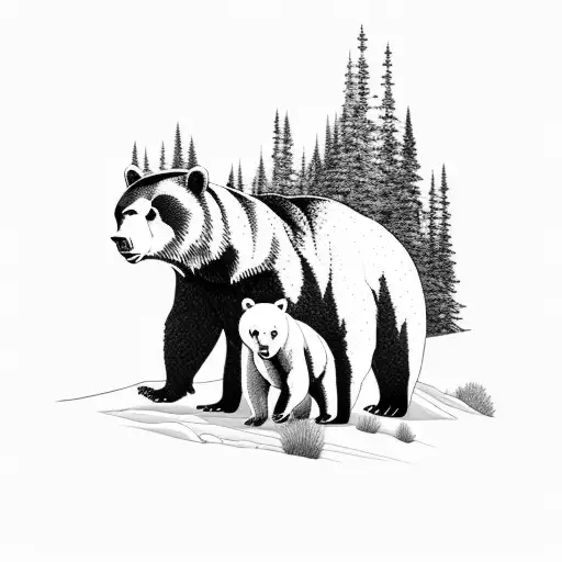Mountain Landscape With Bear Family