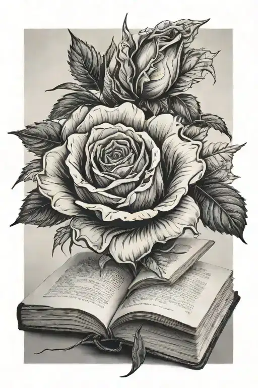 Rose And A Sunflower Growing Out Of An Open Book