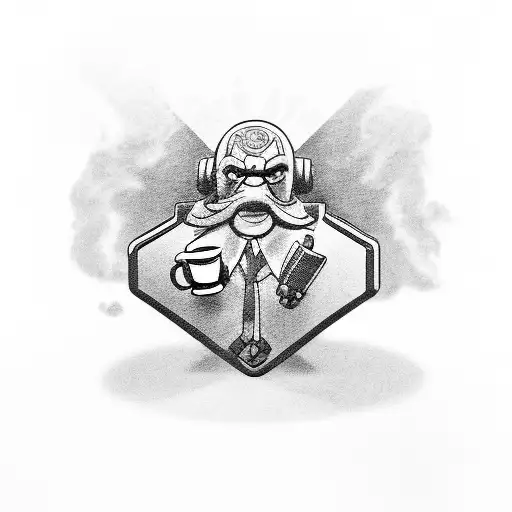 A Black And Grey Tattoo Of A Game Developer Driving An Old German Car With A Coffee Cup In Hand