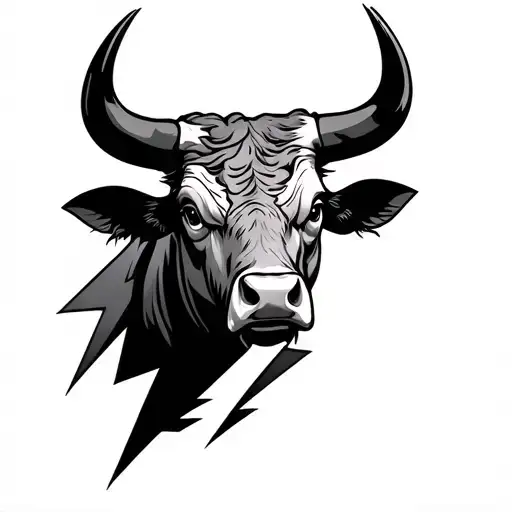 Traditional Bull Head Tattoo With Lightning Bolt Striking