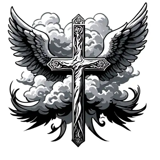Clouds Surrounding Cross With Angel Wings