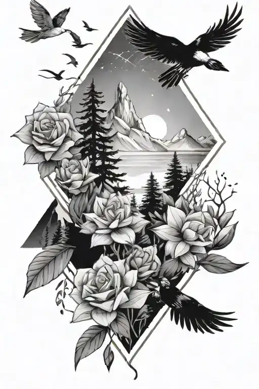 Geometric Flowers And Forest With Mountains And Water And Birds Flying