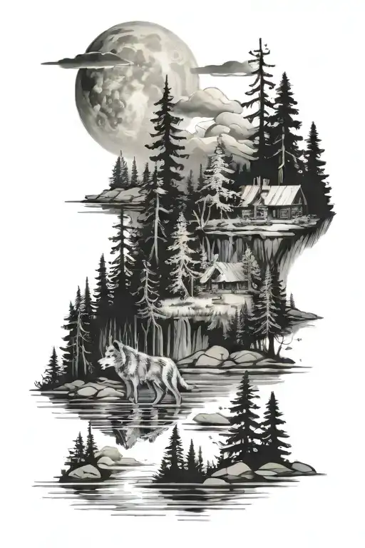 Realism Style And Depicts A Forest Scene With A Lake And A Wolf By The Lake How