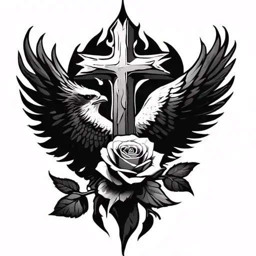 Eagles Cross With Rose And Flames Coming Together