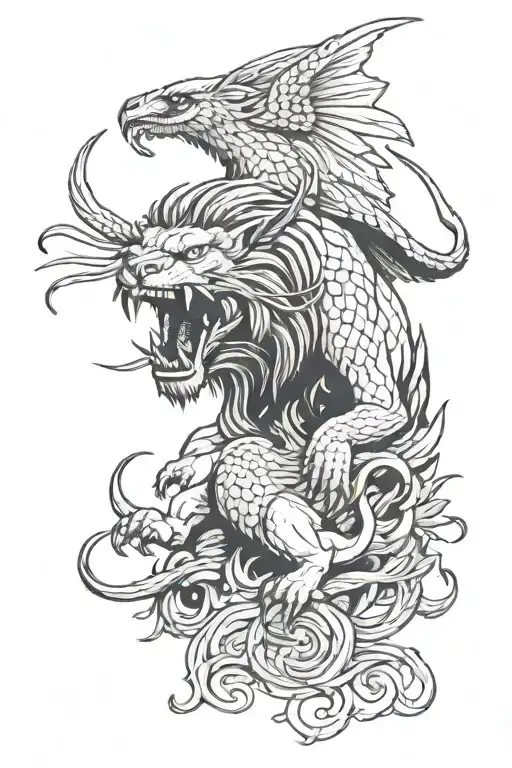 Manticore Roaring At A Hydra With A Phoenix Flying In The Woodland Background