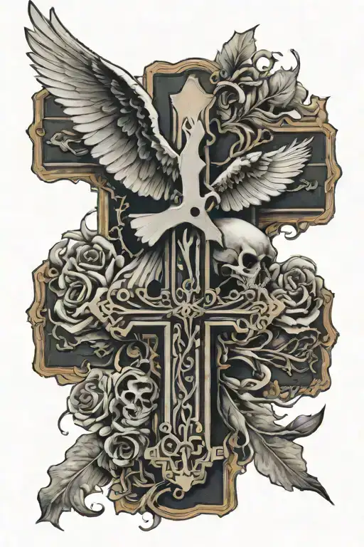 Flying Dove And Skeleton Hand Holding A Wooden Cross