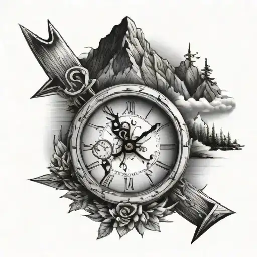Clock Arrow Sky Mountain Tattoo Design