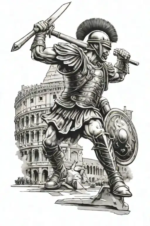 Roman Soldier With Coliseum In Background Battling