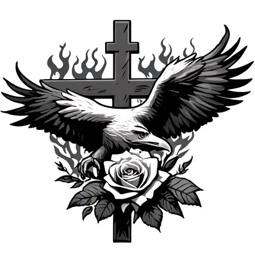 Eagles Looking Down On Cross With Rose And Flames Coming