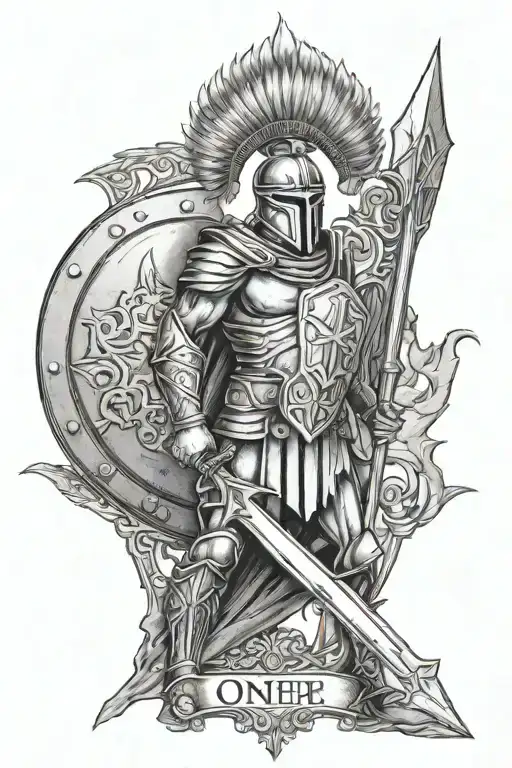 Full Body Spartan With A Spear And A Shield With A Cross On It With The Words One More Step