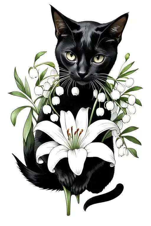 Black Female Cat Holding Lily Of The Valley Flower