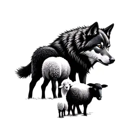 Shaded In Wolf Herd With Sheep In The Middle