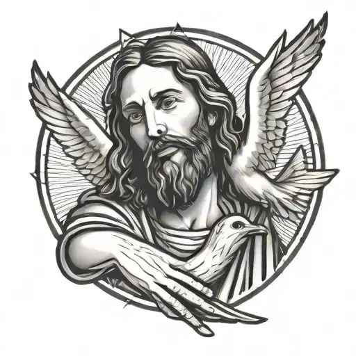 Jesus Hugging A Man Standing With Dove Flying