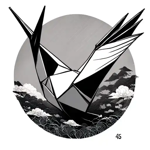 Simple Fine Line Origami Crane With The Japanese Characters For 45 Integrated