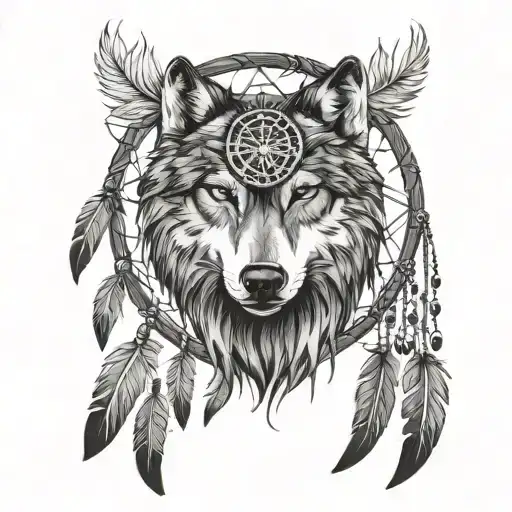 Wolf Dream Catcher And Feather Intertwined