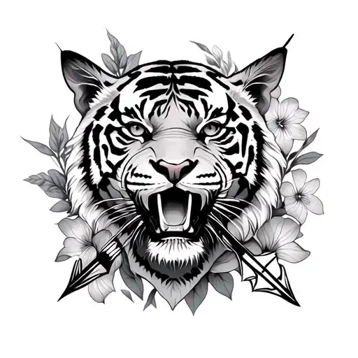 Tiger Surrounded With Arrow Surrounded By Violets
