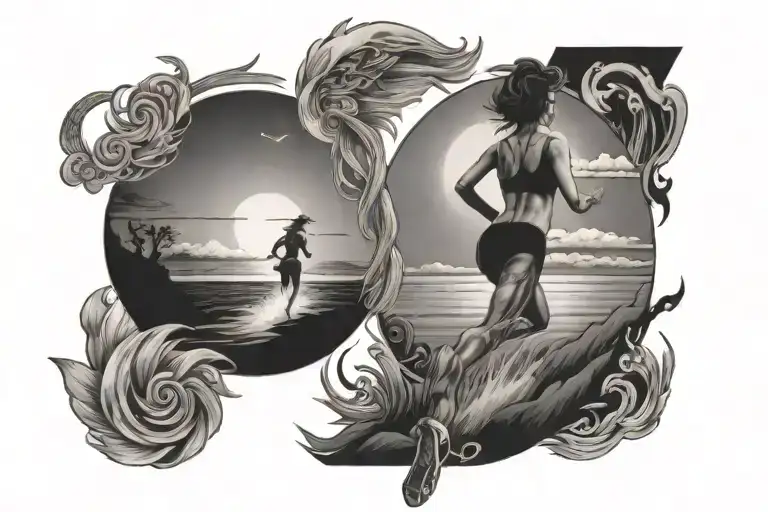 Half Sunset On Left And Half Sunrise On Right With A Woman Running To The Right In The Middle