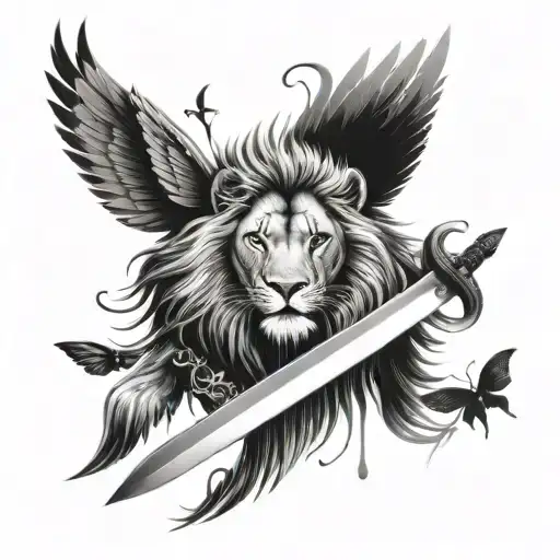 Half Butterfly Half Lion With A Sword In The Middle Spine