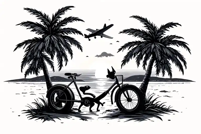 Coastal Beach Scene Palm Trees Fire Pit Kelpie Dog Airplane Old Bike Leaning Sunset