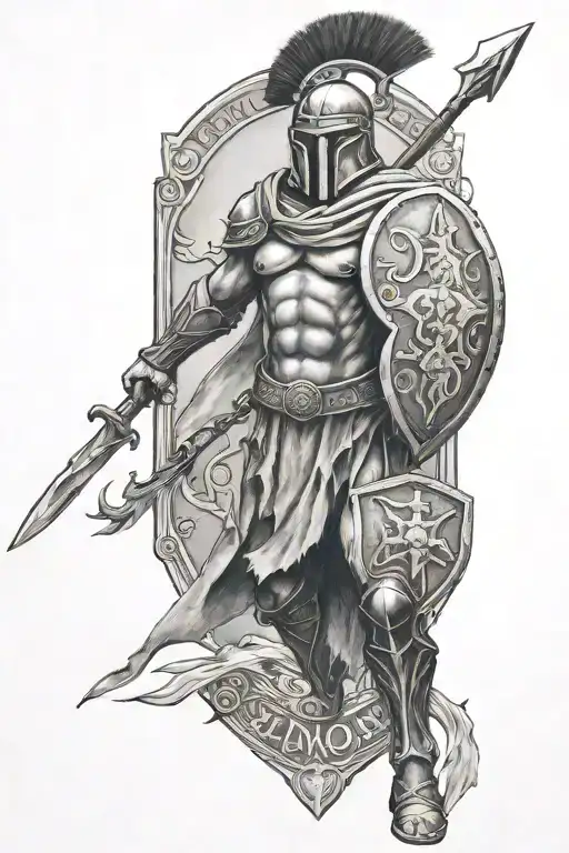 Full Body Spartan With A Spear And A Shield With A Cross On It With The Words One More Step