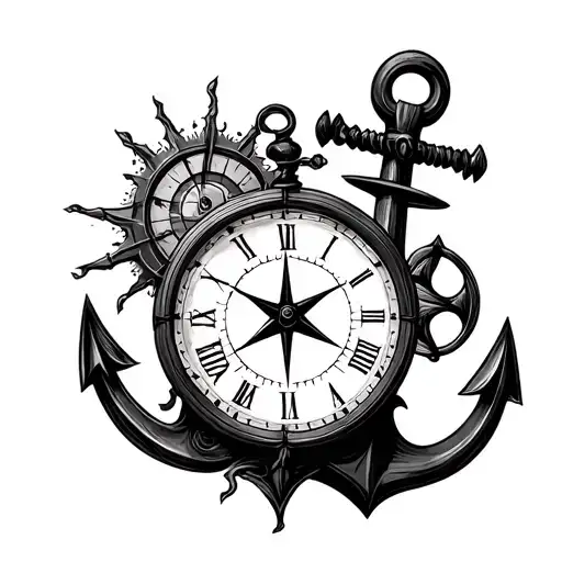 Marine Anchor Tattoo And Compass And Clock