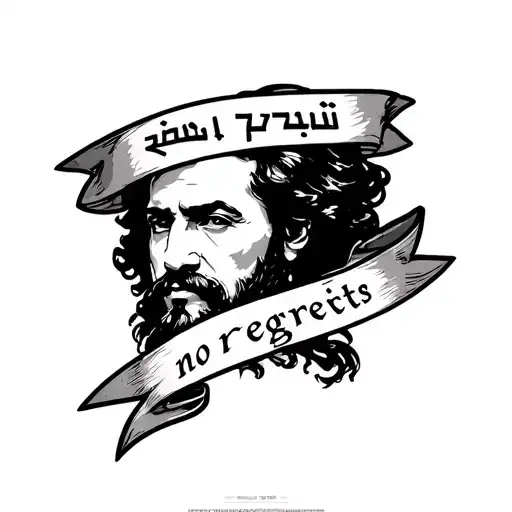 A Portrait Of A Famous Historical Figure With 'No Regrets' Banner In Farsi And English