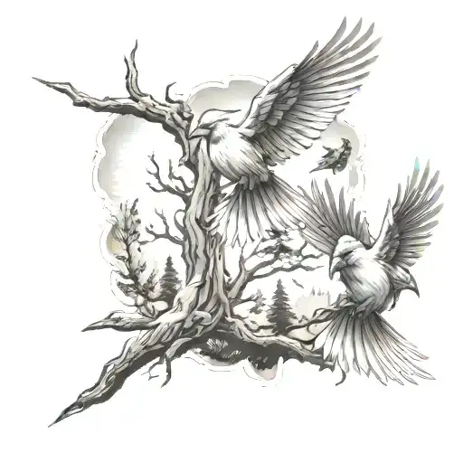 Lightning Striking Around 3 Cardinals Flying Above A Sequoia Tree