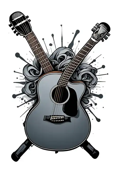 An Acoustic Guitar And And Microphone Intertwined