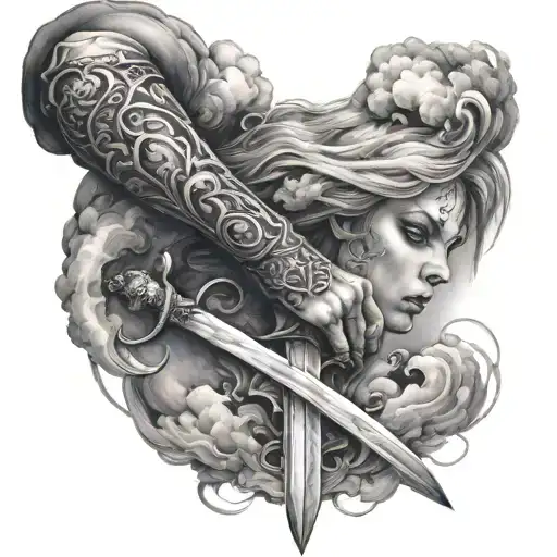Full Sleeve Tatto With Some Cloud And Sword