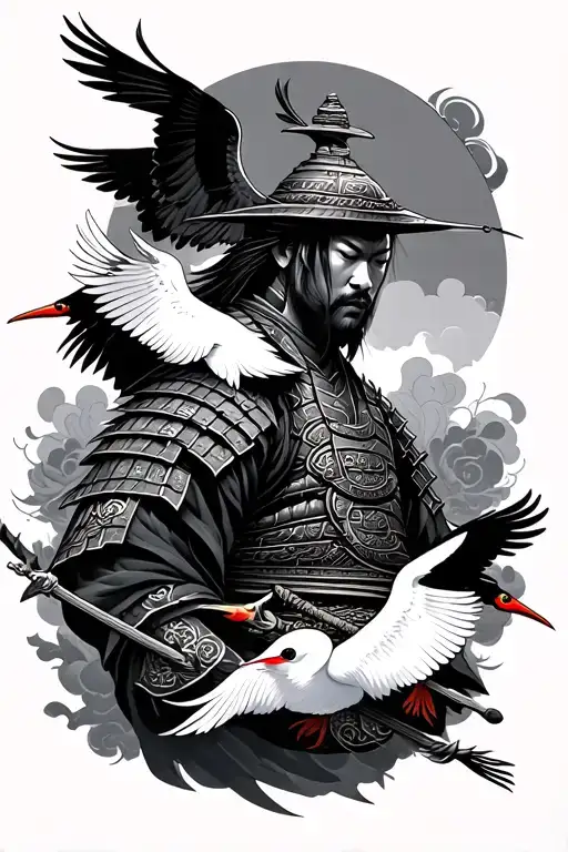 Samurai Warrior Tattoo And Two Cranes