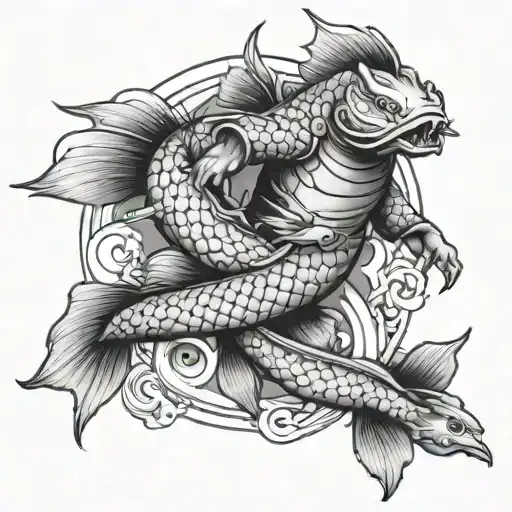Lighthouse Koi Fish And Warrior Wielding