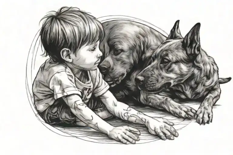 A Human Child Reaches Out To A Dog That Is Sitting And The Dog's Ears Are Down