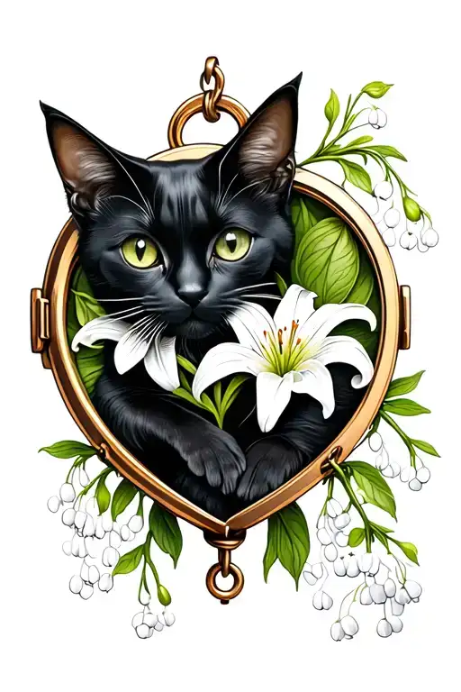 Black Cat Holding Lily Of The Valley Inside Of A Heart Locket