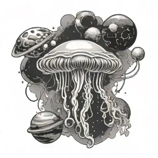 Jellyfish In Space Theme Tattoo Design Featuring Planets