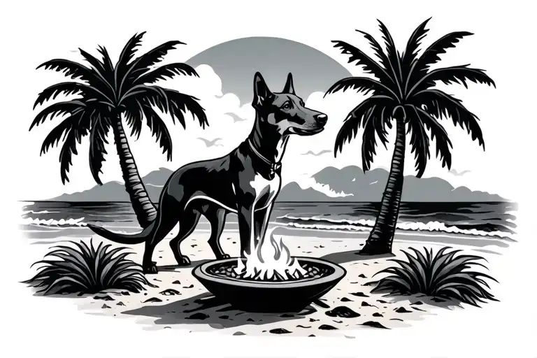 Coastal Beach Scene Palm Trees Fire Pit Kelpie Dog