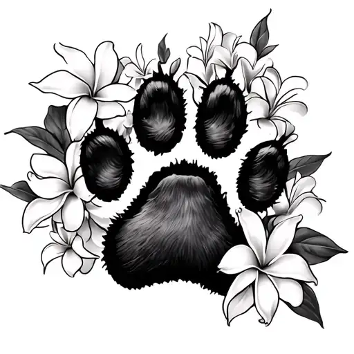 Dog Paw Print Surrounded With Frangipani Flowers
