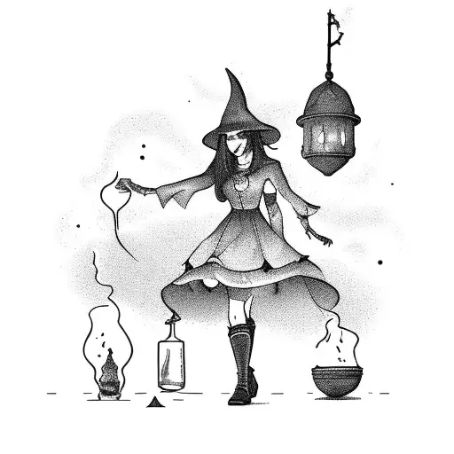 A Suspenseful Scene Of A Witch Brewing Potions In A Moonlit Meadow