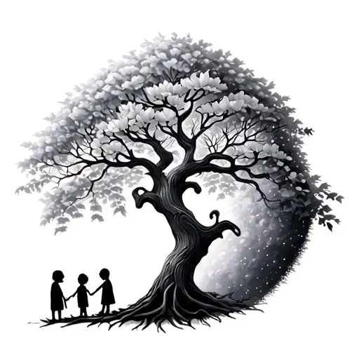 A Tree Of Life Half In Bloom With 3 Small Children Who Plays