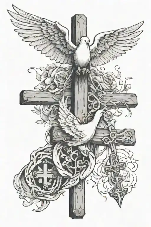 Skeleton Hand Holding A Wooden Cross And A Flying Dove At The Top