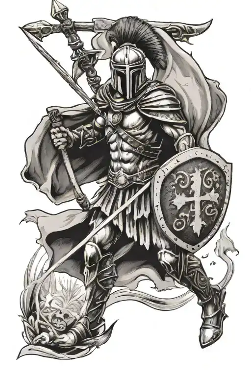 Full Body Spartan With A Spear And A Shield With A Cross On It With The Words One More Step