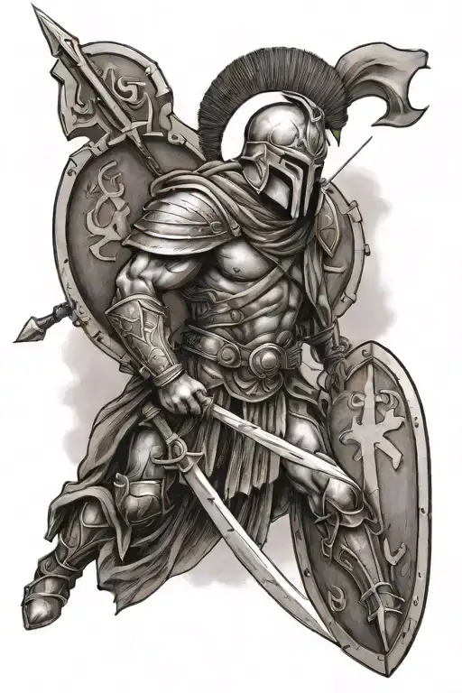 Full Body Spartan With A Spear And A Shield With A Cross On It With The Words One More Step