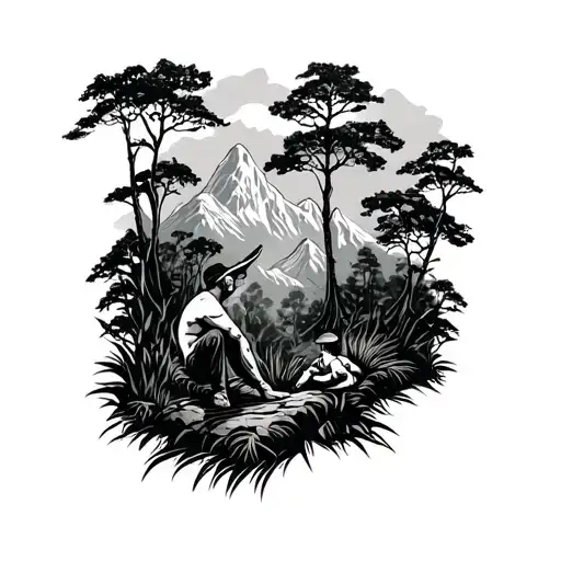 Men In The Jungle Forest With Trees And Mountons