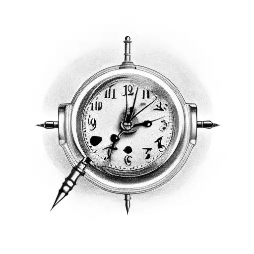 A Black And Grey Tattoo Of A 1950 Revolver With An Old School Clock In The Background