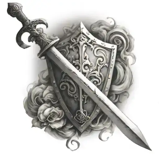 Full Sleeve Tatto With Some Cloud And Sword And A Shield